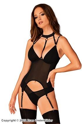 Bustier with shoulder straps, sheer inlays, choker, rings, stripes